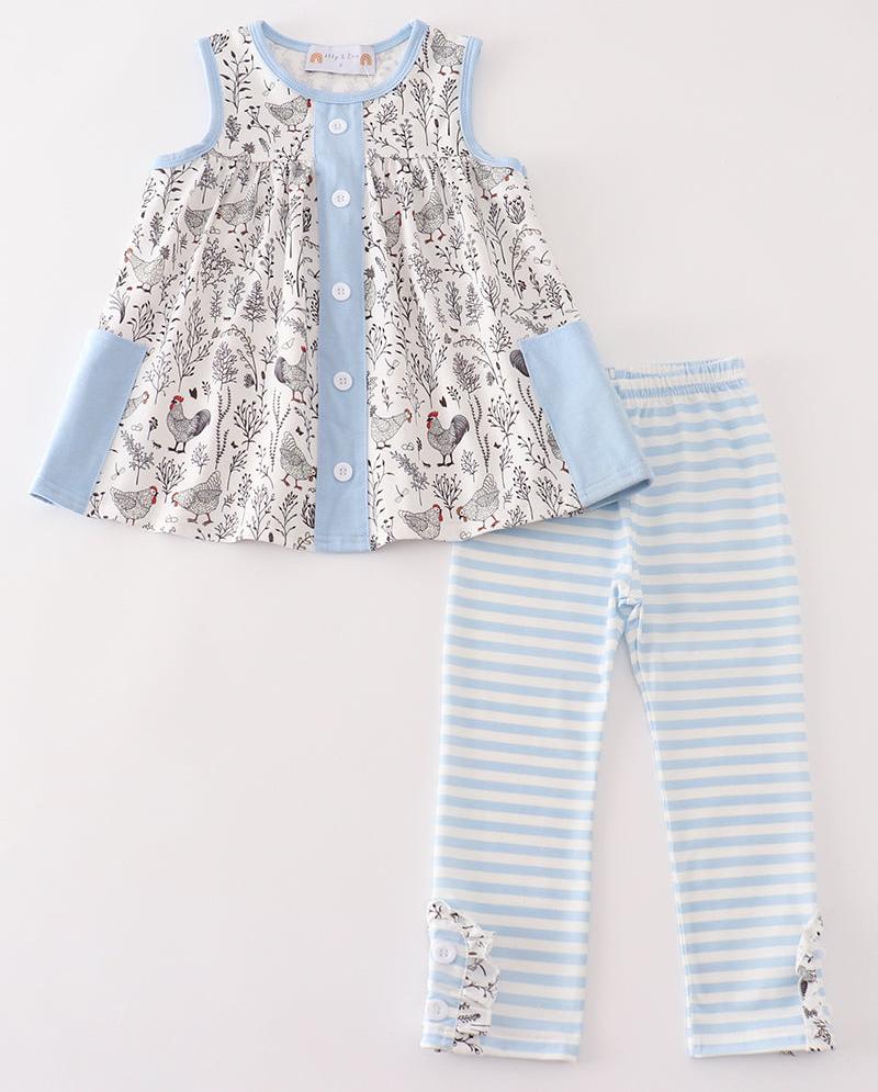 Blue Stripe Chicken Print Girl Set