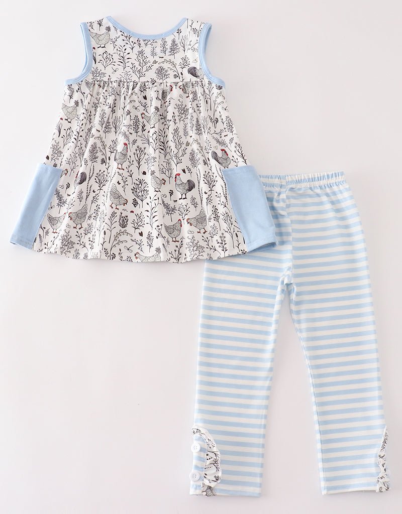 Blue Stripe Chicken Print Girl Set