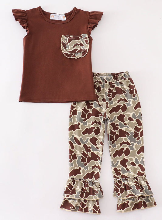 Brown Camouflage Ruffle Girl Set