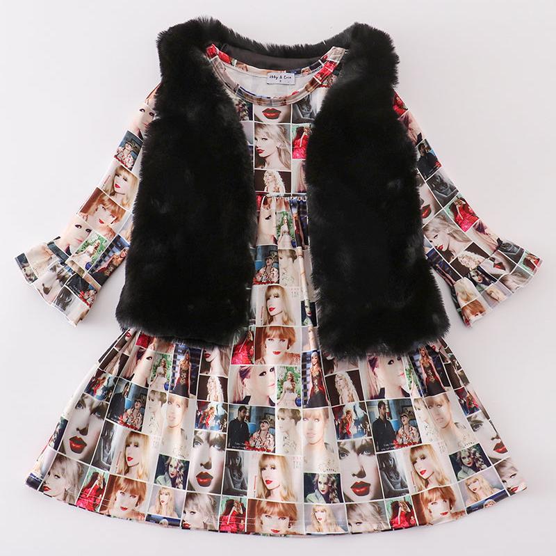 TS 98 Music Fan Print Black Fur Vest Dress Set