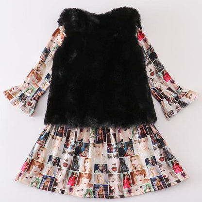 TS 98 Music Fan Print Black Fur Vest Dress Set