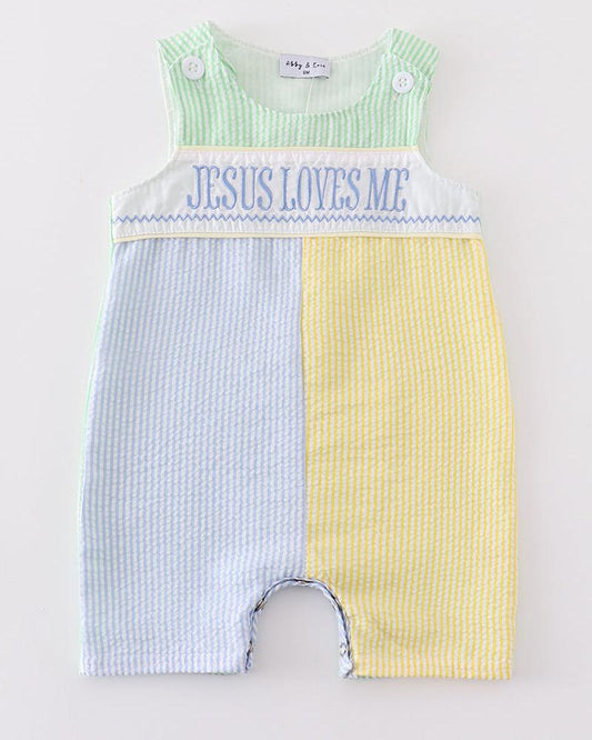 Jesus Loves Me Embroidered Seersucker Boy JonJon