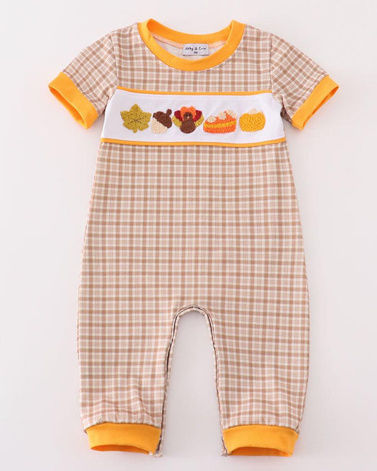 Brown Plaid Turkey French Knot Boy Romper