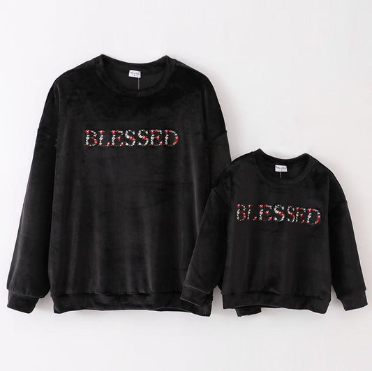 Blessed Embroidered Black Velvet Mom+Me Sweatshirt