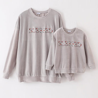 Blessed Embroidered Mom + Me Grey Velvet Sweatshirt