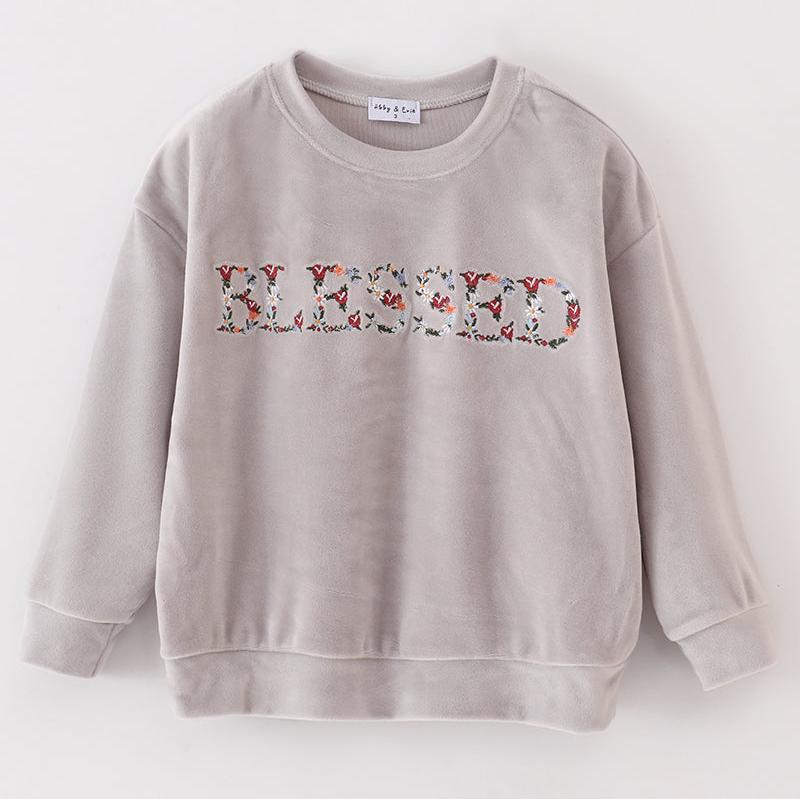 Blessed Embroidered Mom + Me Grey Velvet Sweatshirt