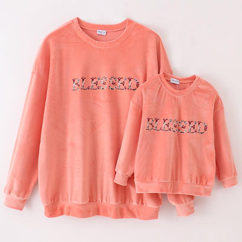 Blessed Embroidered Mom + Me Pink Velvet Sweatshirt