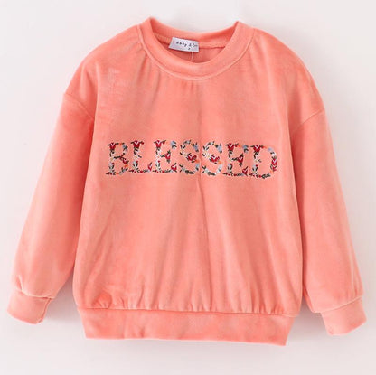 Blessed Embroidered Mom + Me Pink Velvet Sweatshirt