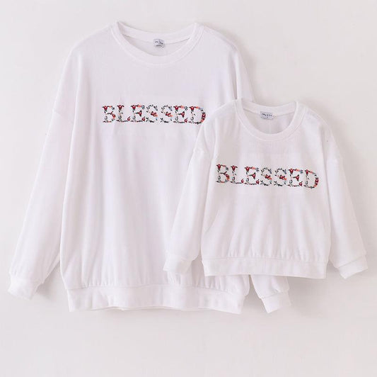 Blessed Embroidered Mom+Me White Velvet Sweatshirt