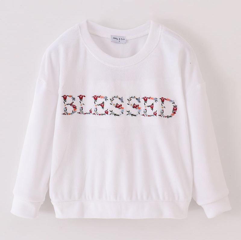 Blessed Embroidered Mom+Me White Velvet Sweatshirt