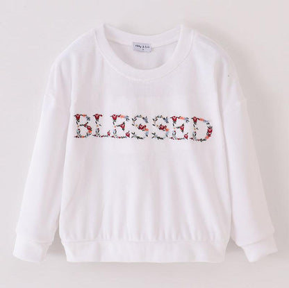 Blessed Embroidered Mom+Me White Velvet Sweatshirt