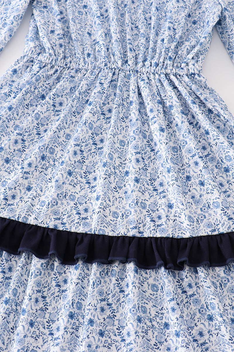 Margaret Blue Floral Print Tiered Adult Ruffle Dress