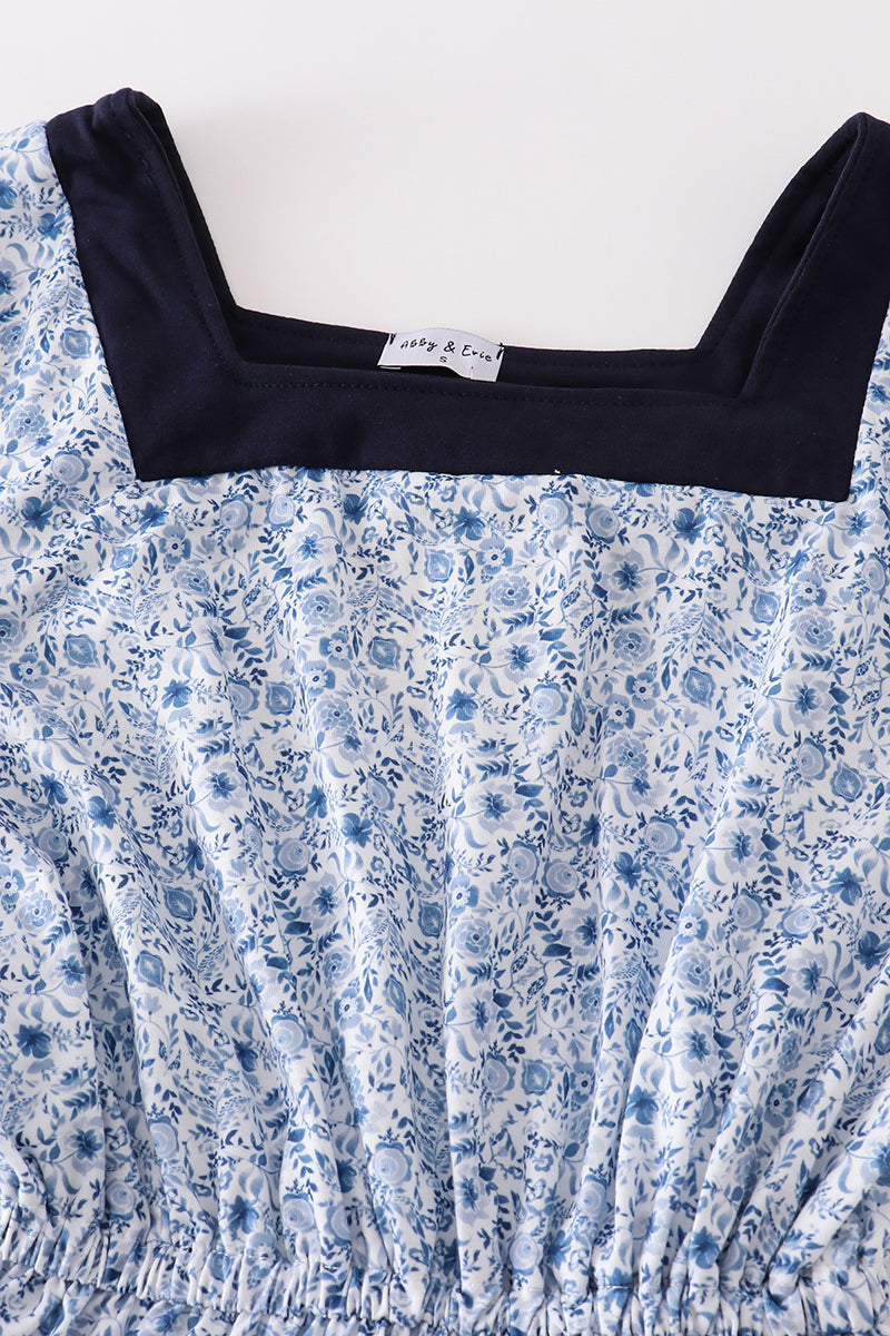 Margaret Blue Floral Print Tiered Adult Ruffle Dress