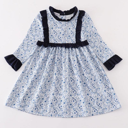 Margaret Blue Floral Print Ruffle Girl Dress