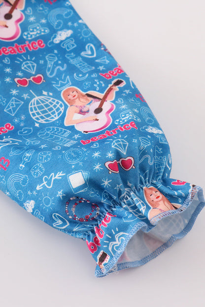 TS Blue Music Fan Print Pajamas Dress