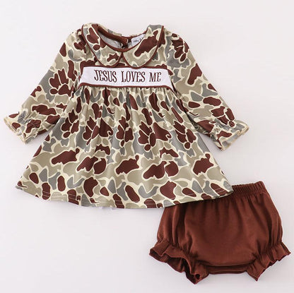 Jesus Loves Me Emroidered Camo Girl Bloomers Set