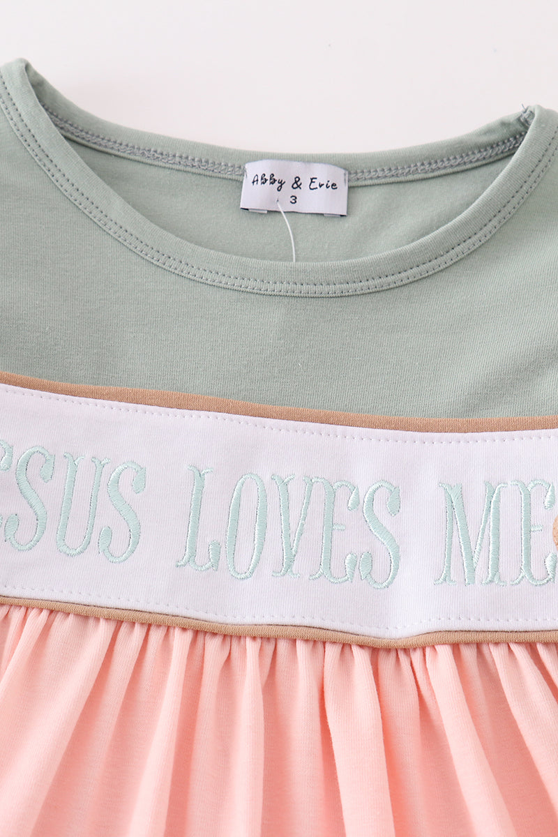 Jesus Loves Me Embroidered Color Block Dress