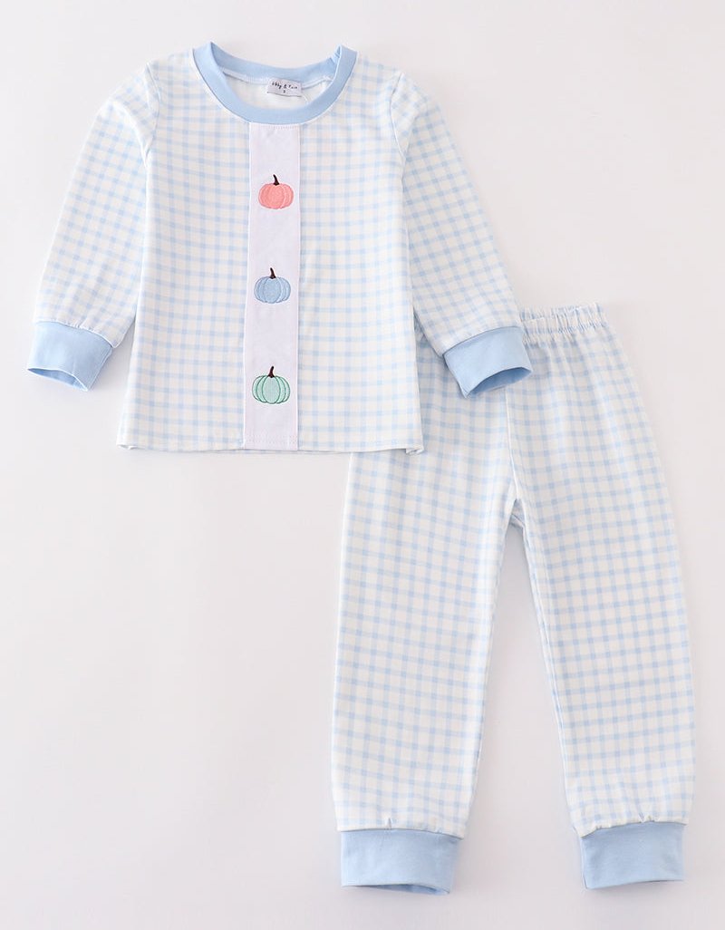 Blue Gingham Pumpkin Embroidered Boy Pajama Set