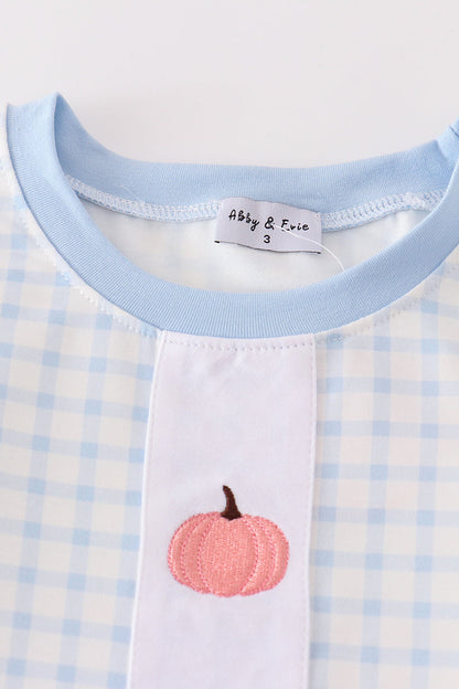 Blue Gingham Pumpkin Embroidered Boy Pajama Set