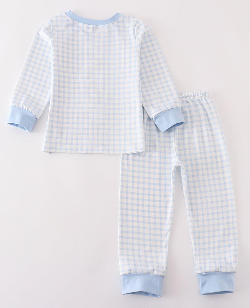 Blue Gingham Pumpkin Embroidered Boy Pajama Set