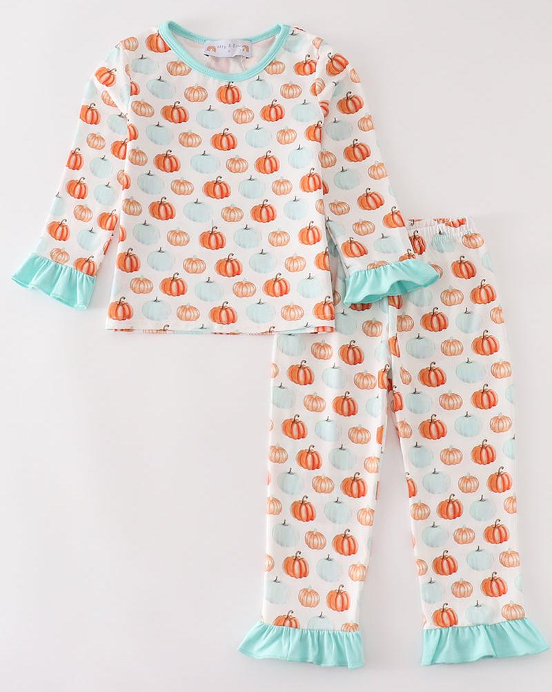 Festive Pumpkin Print Girl Pajama Set