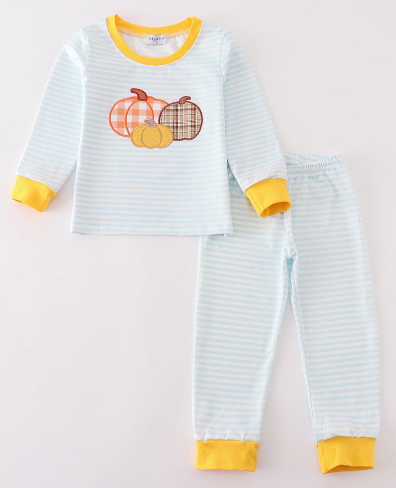 Blue Stripe Pumpkin Applique Boy Pajama Set