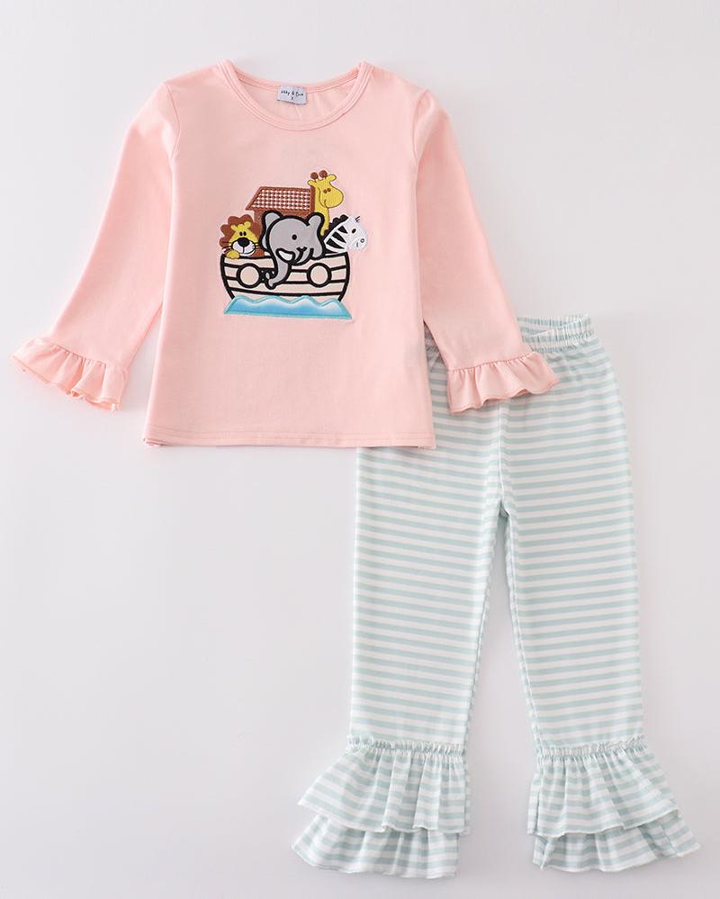 Noah’s Ark Embroidered Pink Stripe Girl Set