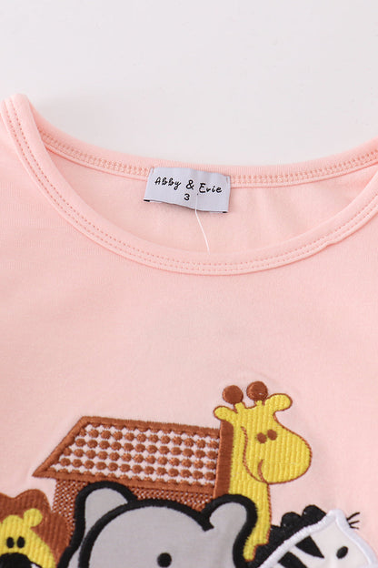 Noah’s Ark Embroidered Pink Stripe Girl Set