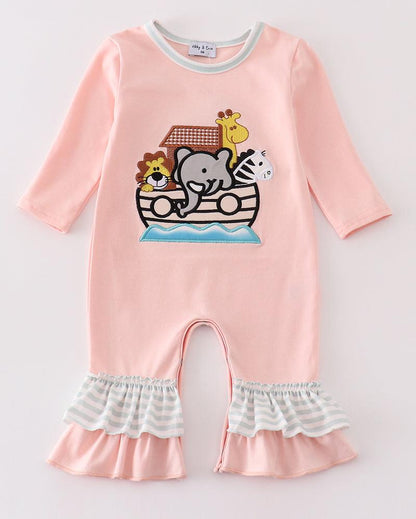 Noah’s Ark Embroidered Pink Stripe Girl Romper