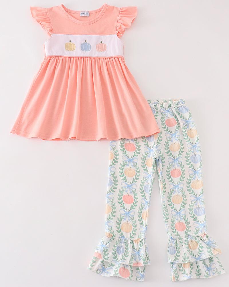 Pumpkin Embroidered Pink Girl Pants Set