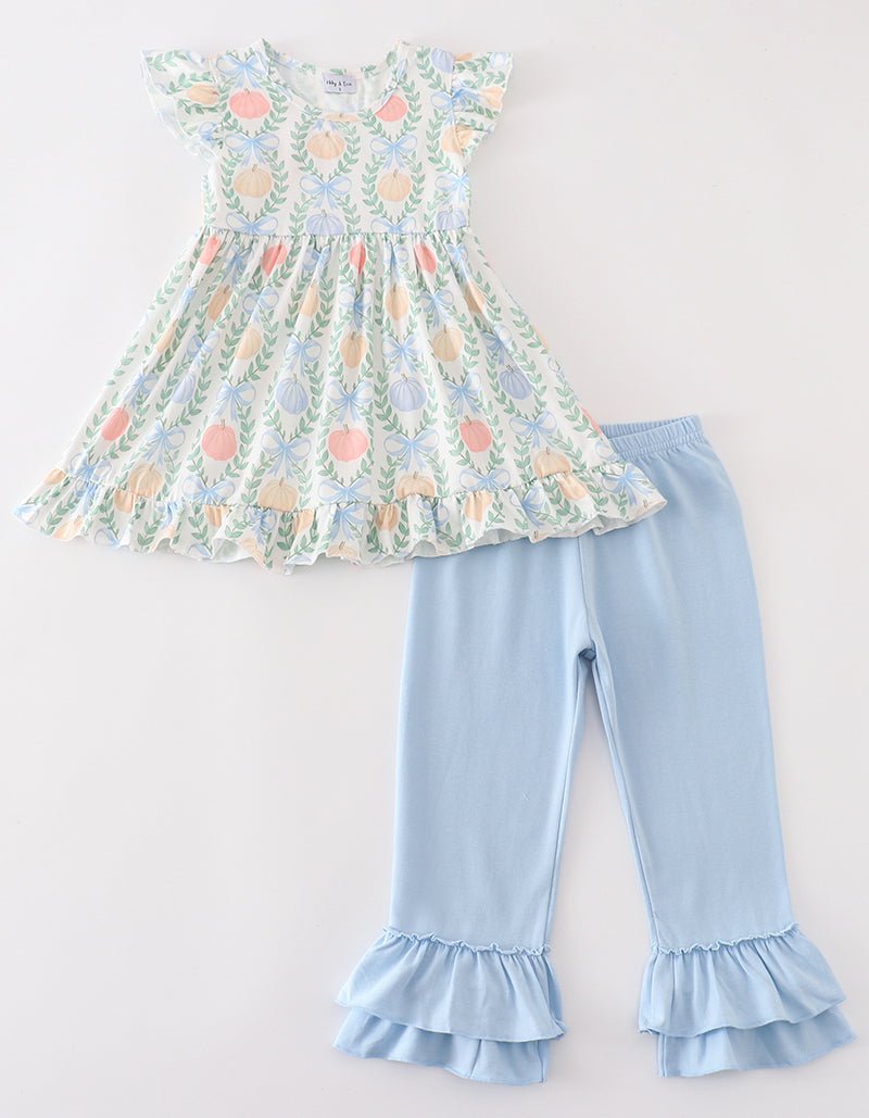 Pumpkin Print Blue Girl Pants Set