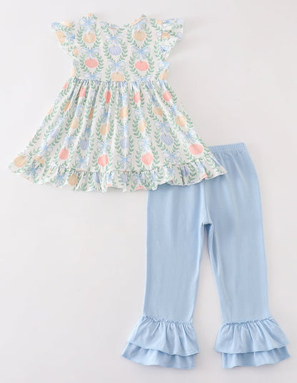 Pumpkin Print Blue Girl Pants Set