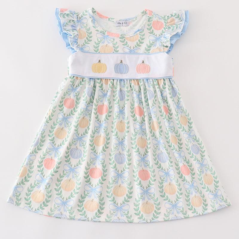 Pumpkin Embroidered Blue Ruffle Dress