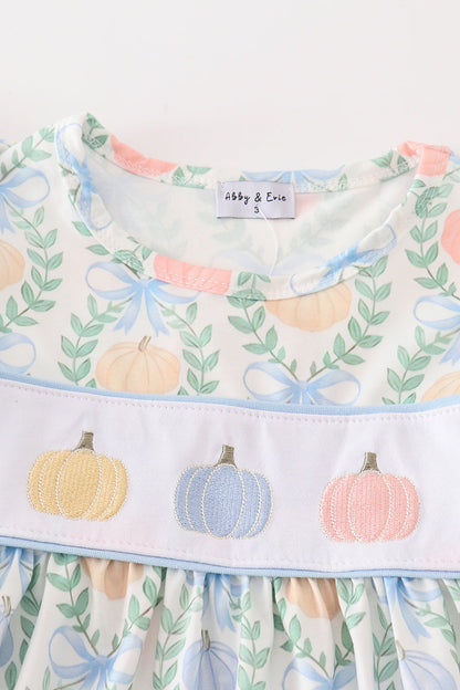 Pumpkin Embroidered Blue Ruffle Dress