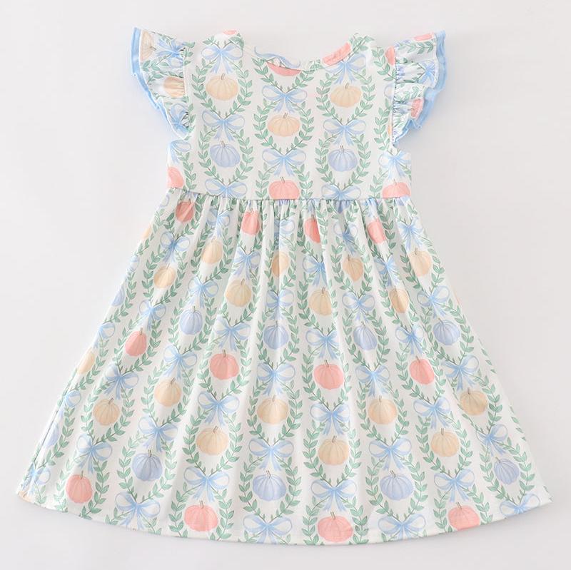 Pumpkin Embroidered Blue Ruffle Dress