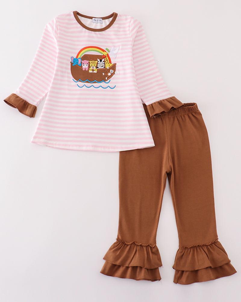 Noah’s Ark Animal Applique Pink Stripe Girl Set