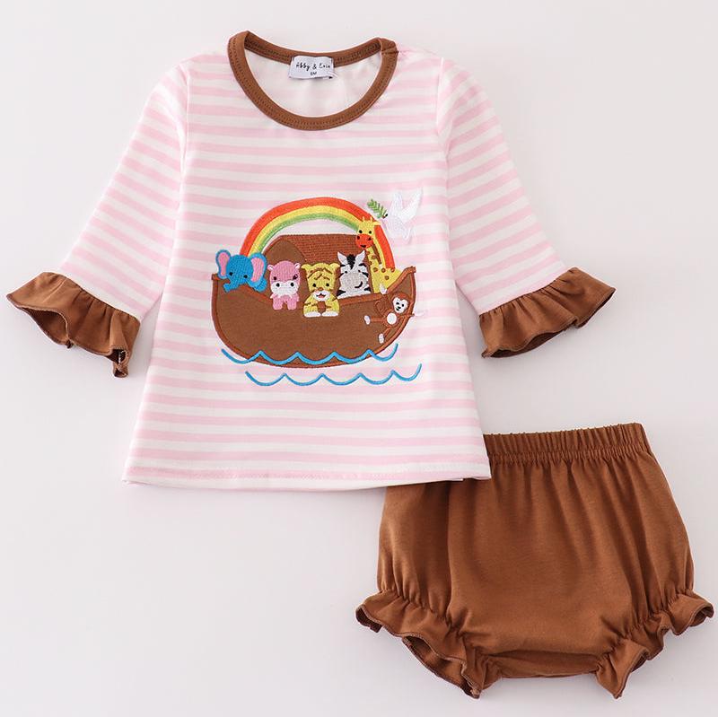 Noah’s Ark Animal Applique Pink Stripe Baby Set