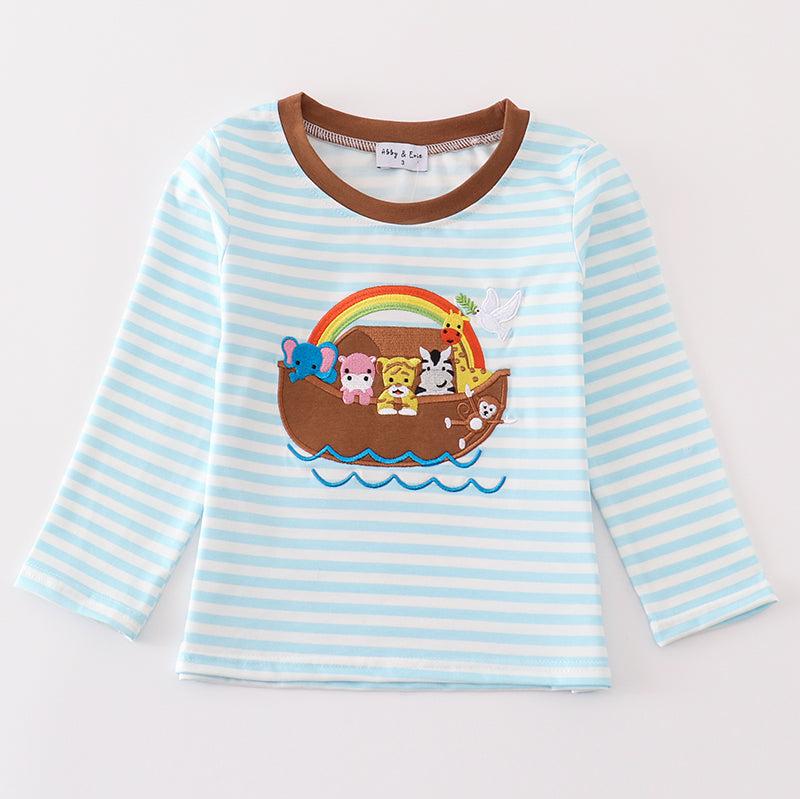 Noah’s Ark Animal Applique Blue Stripe Boy Top