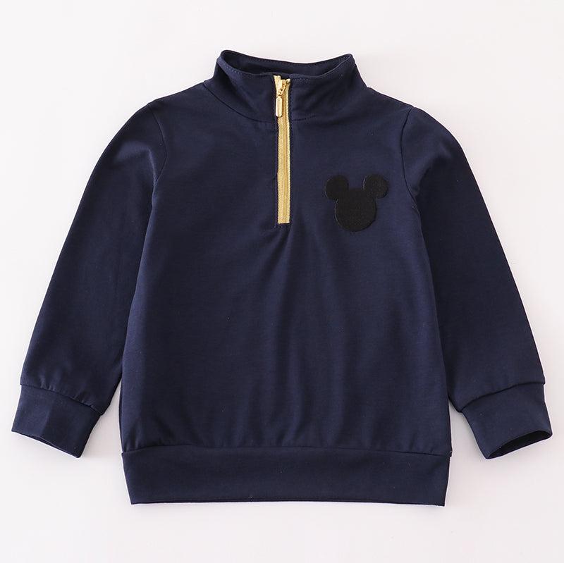 Mouse Character Embroidered Navy Zip Boy Pullover