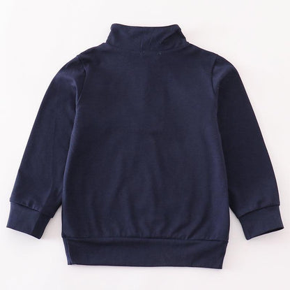 Mouse Character Embroidered Navy Zip Boy Pullover