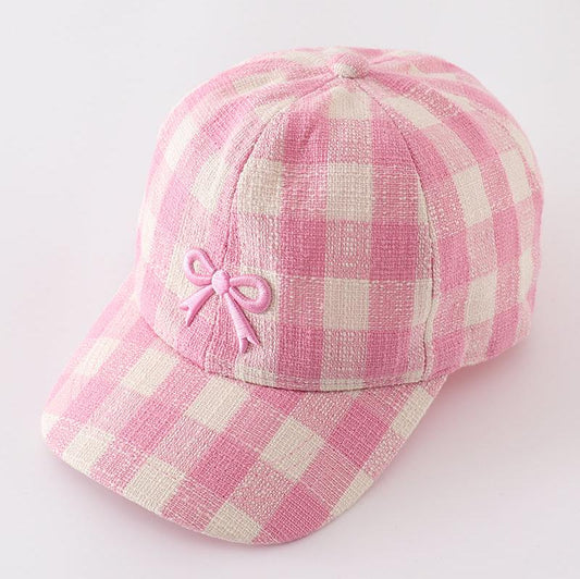 Bow Embroidered Pink Plaid Baseball Cap