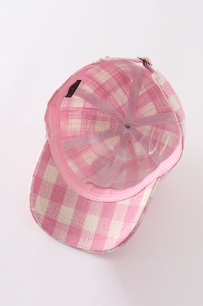 Bow Embroidered Pink Plaid Baseball Cap