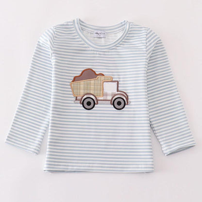 Blue Stripe Dump Truck Applique Boy Top