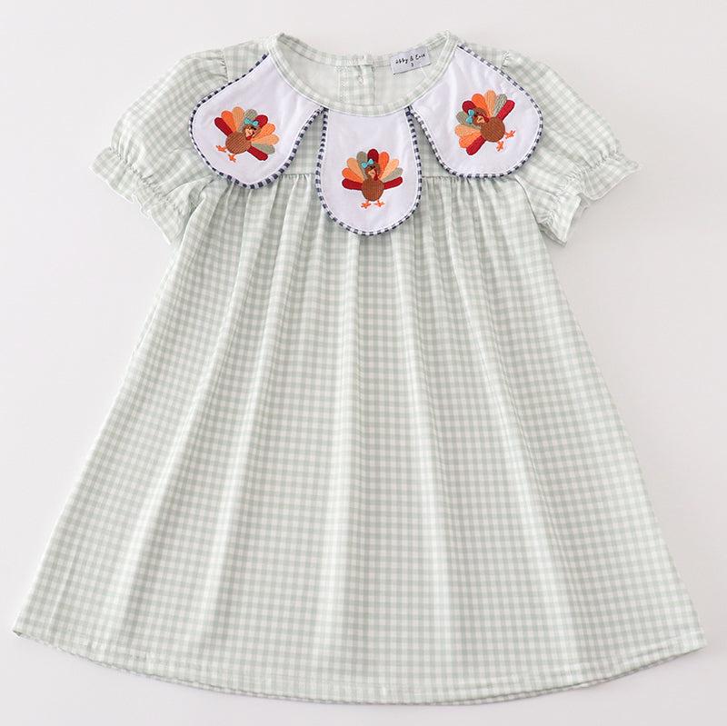 Sage Turkey Embroidered Gingham Dress