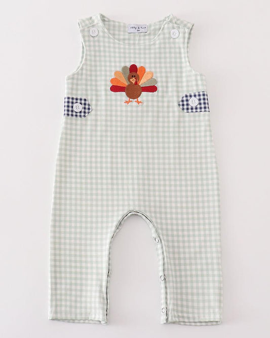 Sage Turkey Embroidered Gingham Boy Jon Jon