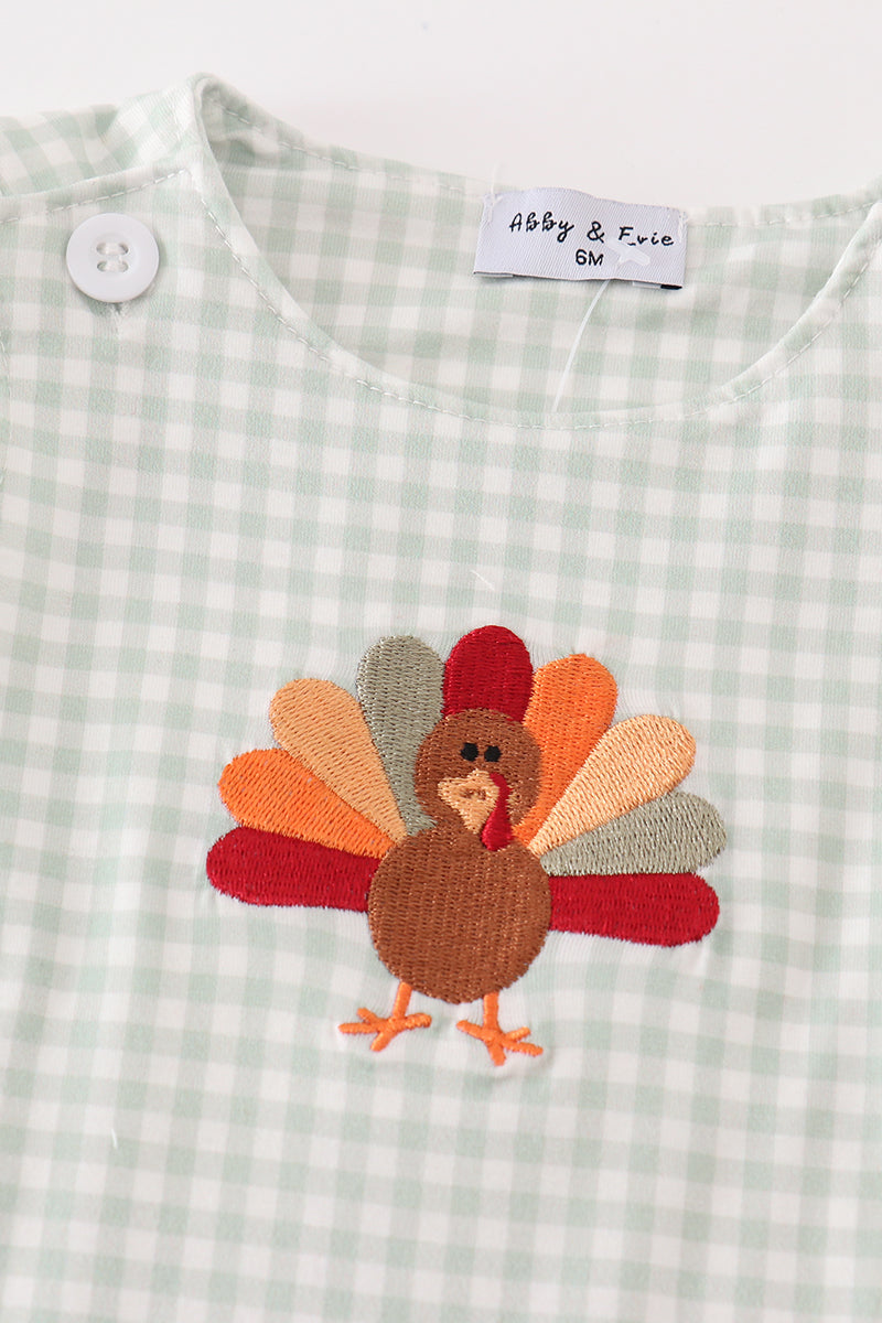 Sage Turkey Embroidered Gingham Boy Jon Jon