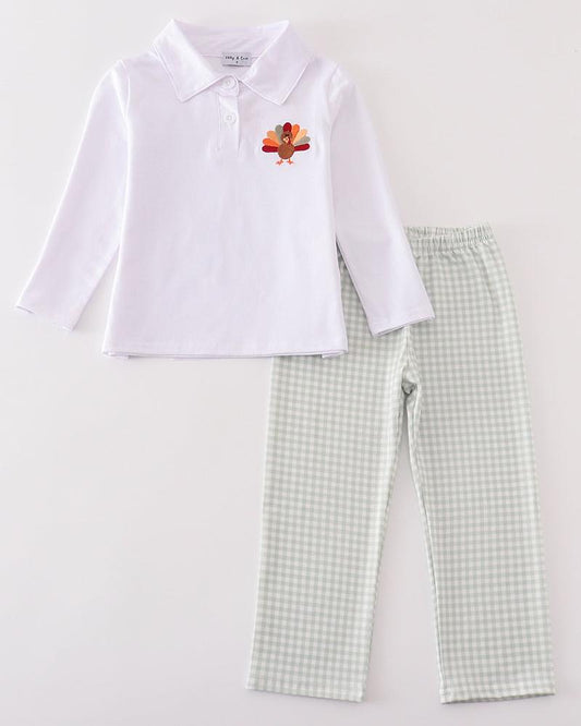 Sage Turkey Embroidered Gingham Boy Pants Set