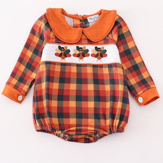 Turkey Embroidered Smocked Orange Plaid Baby Bubble