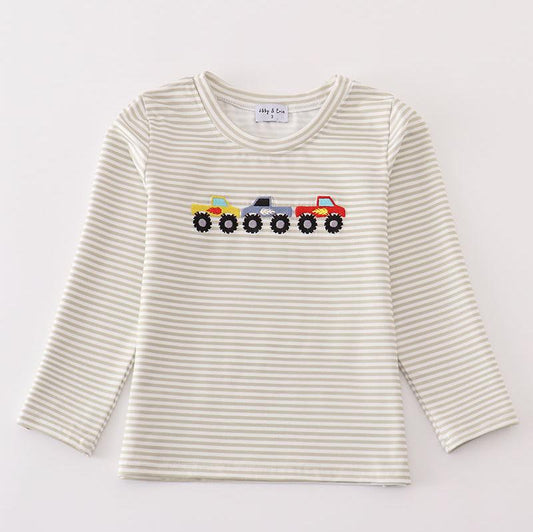 Monster Truck Embroidered Stripe Boy Top