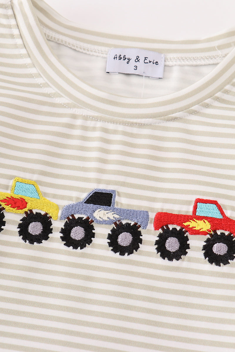 Monster Truck Embroidered Stripe Boy Top